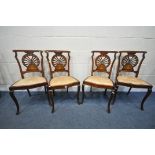 A SET OF FOUR EDWARDIAN MAHOGANY AND MARQUETRY INLAID CHAIRS, with open motif back (condition:-