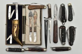 A BOX OF POCKET AND OTHER KNIVES, including two mother of pearl folding fruit knives with silver