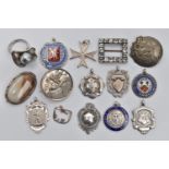 A BAG OF ASSORTED WHITE METAL JEWELLERY, to include seven silver fob medals, three have enamel,