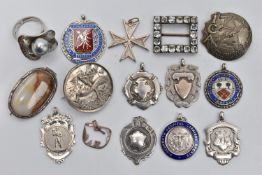 A BAG OF ASSORTED WHITE METAL JEWELLERY, to include seven silver fob medals, three have enamel,