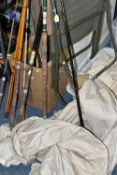 TWO BOXES AND LOOSE FISHING AND CAMPING EQUIPMENT, to include a cream canvas scout tent with metal