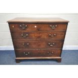 A GEORGIAN OAK CHEST OF TWO OVER THREE DRAWERS, with later swan neck handles and escutcheons, on