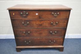 A GEORGIAN OAK CHEST OF TWO OVER THREE DRAWERS, with later swan neck handles and escutcheons, on