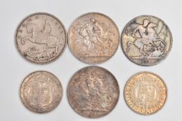 A GROUP OF SILVER COINAGE TO INCLUDE: 1821 GEORGE IIII Crown with ware, a 1902 Edward VII Crown, a