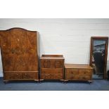 AN EARLY 20TH CENTURY BURR WALNUT BEDROOM SUITE, with quarter veneered detail, comprising a single