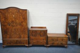 AN EARLY 20TH CENTURY BURR WALNUT BEDROOM SUITE, with quarter veneered detail, comprising a single