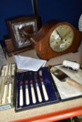 TWO MANTEL CLOCKS, CUTLERY AND A STICK PIN, comprising two twentieth century Smiths wooden cased