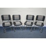 A SET OF FOUR CANTILEVER CHROME CHAIRS, reupholstered in leather effect material with Recaro