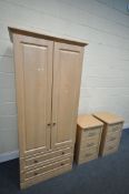 A MODERN PINE EFFECT DOUBLE DOOR WARDDROBE, over two drawers, width 80cm x 54cm x height x 196cm,