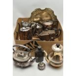 A BOX OF ASSORTED WHITE METAL WARE, to include various tea pots and coffee pots, a circular tray