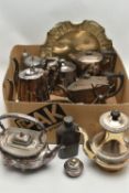 A BOX OF ASSORTED WHITE METAL WARE, to include various tea pots and coffee pots, a circular tray