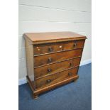 A VICTORIAN FLAME MAHOGANY CHEST OF TWO OVER THREE DRAWERS, with a shaped top and turned handles,