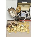 A SELECTION OF ITEMS, to include a selection of George III, replica spade half guinea coins, a boxed