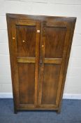 AN EARLY 20TH CENTURY OAK DOUBLE DOOR WARDROBE, width 92cm x depth 39cm x height 173cm, (condition:-