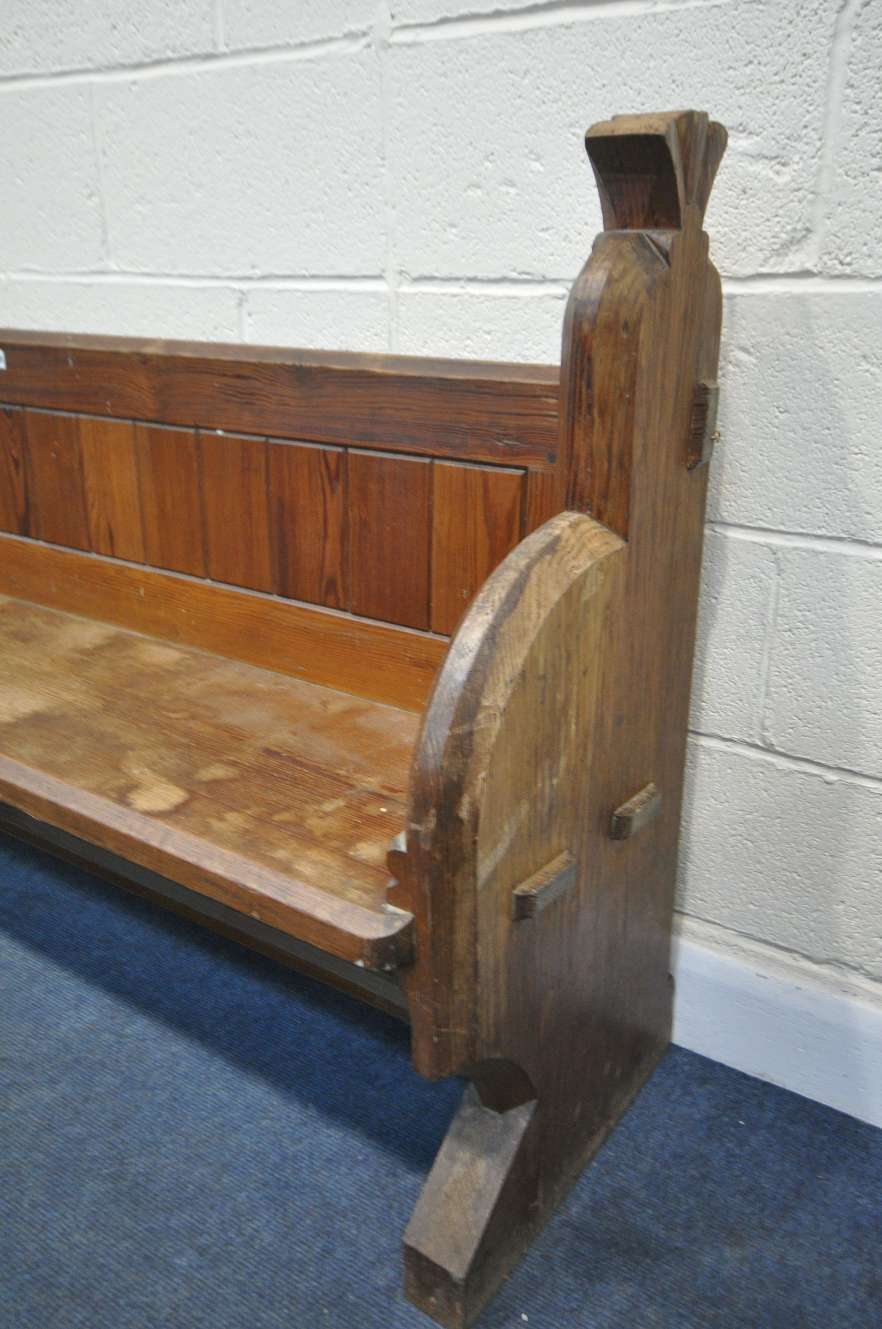 A PITCH PINE CHURCH PEW, length 197cm x depth 47cm x height 97cm, along with a matching church pew - Image 4 of 4