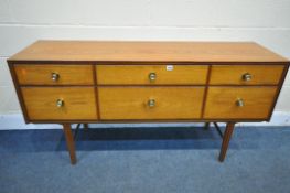 A MID CENTURY MEREDEW SIDEBOARD, with six drawers, width 150cm x depth 42cm x height 76cm (