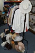 TWO BOXES AND A RAIL OF LADIES CLOTHING AND ACCESSORIES, to include a white Emsmorn Bowls Wear suit,