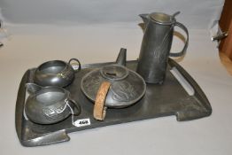 AN ARTS AND CRAFTS SOLKETS ENGLISH PEWTER FIVE PIECE TEA SET, designed by Archibald Knox for Liberty