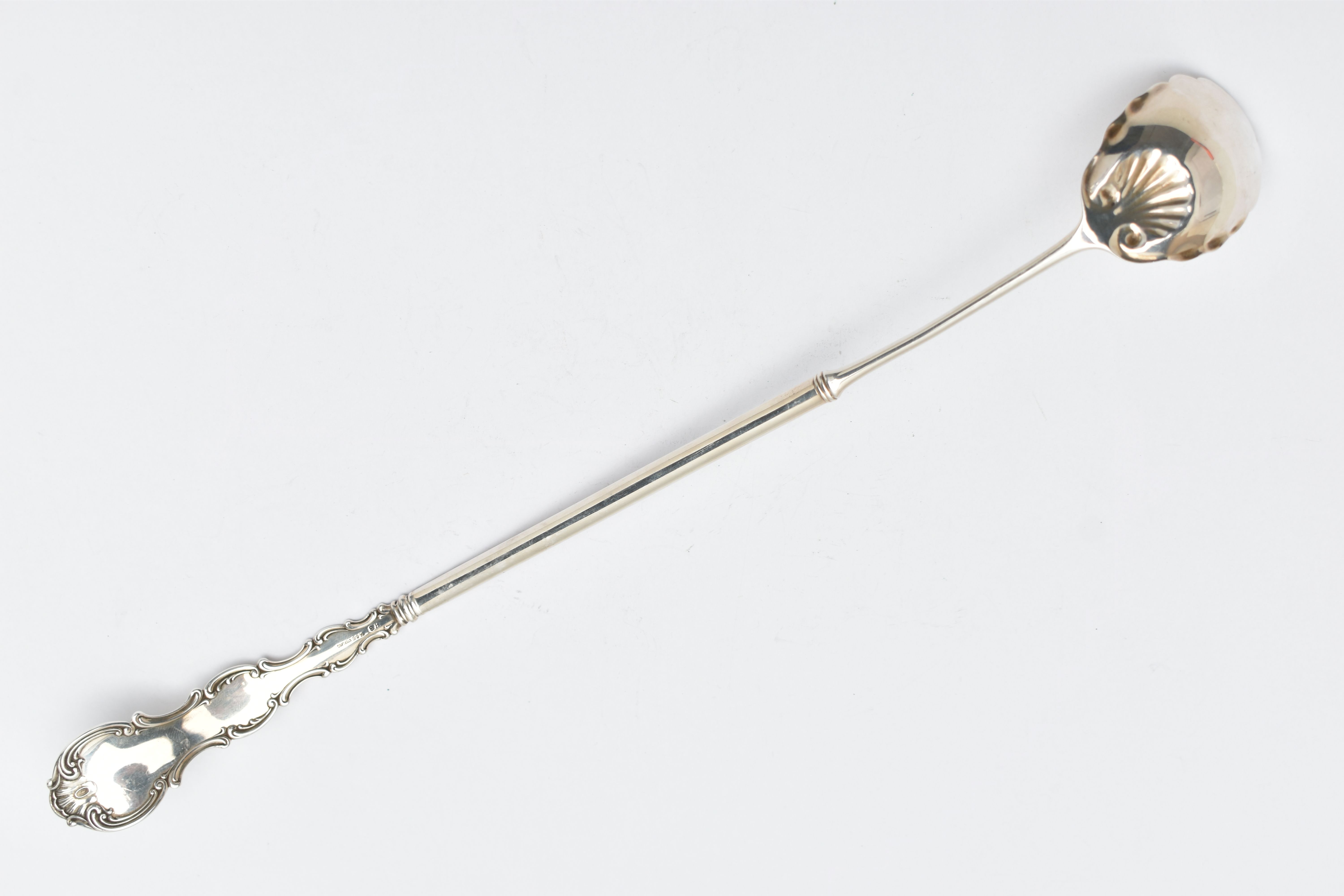 AN AMERICAN STERLING SILVER LADLE, the handle cast with scroll and shell decoration and engraved - Image 5 of 7