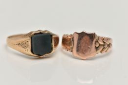 TWO SIGNET RINGS, to include a shield shape signet ring with worn engraved initials, floral