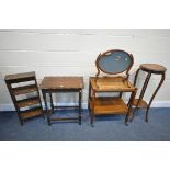 A SELECTION OF OAK OCCASIONAL FURNITURE, to include a tea trolley, tall plant stand, oval swing