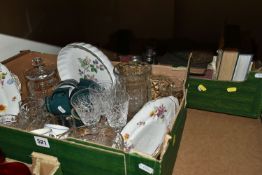 TWO BOXES OF CERAMICS, BOOKS AND GLASSWARE, to include a Brexton picnic set for two, four Denby '
