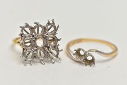 TWO RING MOUNTS, the first a Toi et Moi style mount, stamped 18ct plat, ring size Q 1/2, approximate