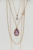 TWO PENDANT NECKLACES, the first a pear cut amethyst pendant, milgrain collet set to a fine rope