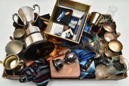 A BOX OF MASONIC REGALIA, to include trophy cups, goblets, glass cups, ties, wooden mallets and