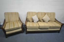 A MODERN ELM FRAMED AND GOLD UPHOLSTERED LOUNGE SUITE, comprising a three seater settee, length