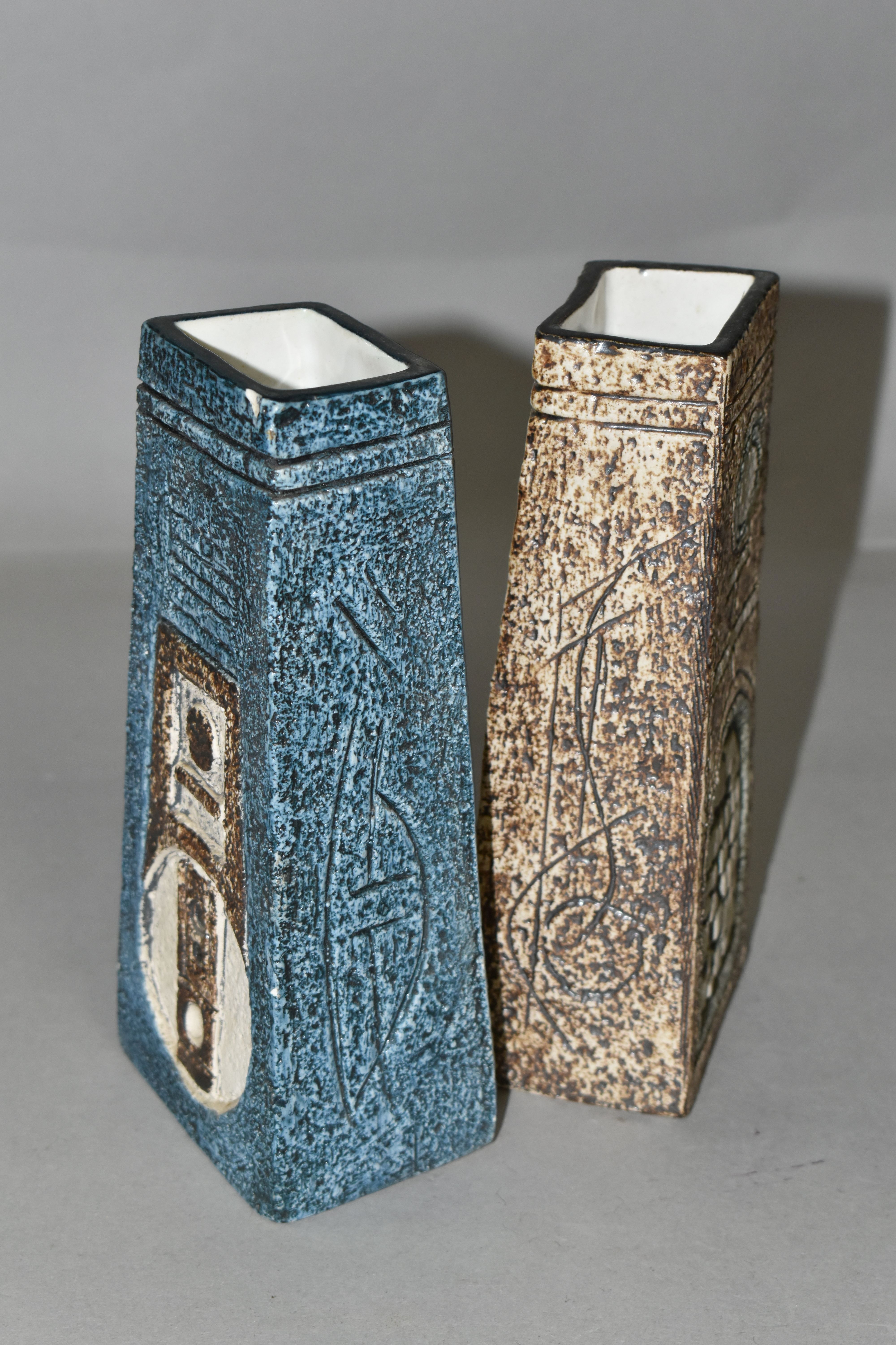 TWO TROIKA POTTERY COFFIN VASES, in shades of blue, grey and brown, with impressed and incised - Image 4 of 7