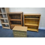 A SELECTION OF THREE OPEN BOOKCASES, and a small chest of drawers (condition:- wear and tear, one