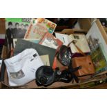 A BOX AND LOOSE SCALES, STAMPS, EPHEMERA AND SUNDRY ITEMS, to include a set of cased electronic
