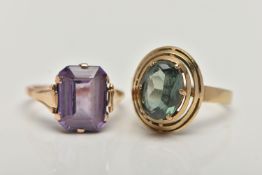 TWO GEM SET RINGS, the first a yellow metal dress ring, set with a green synthetic spinel, stamped