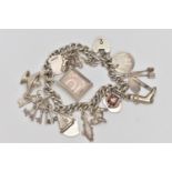 A SILVER CHARM BRACELET, curb link bracelet each link stamped with a sterling mark, fitted with