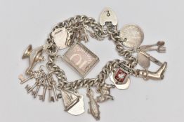 A SILVER CHARM BRACELET, curb link bracelet each link stamped with a sterling mark, fitted with