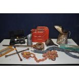A SELECTION OF MISCELLANEOUS ITEMS to include two vintage oil cans and filters, 10l metal fuel