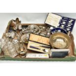 A BOX OF SILVER PLATE, including a rose bowl, shell shaped dishes, photograph frame, bud vases,