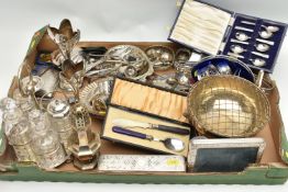 A BOX OF SILVER PLATE, including a rose bowl, shell shaped dishes, photograph frame, bud vases,