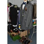 A QUANTITY OF GENTLEMEN'S SHOES, BOOTS, CLOTHING AND ACCESSORIES, to include silk scarves and pocket