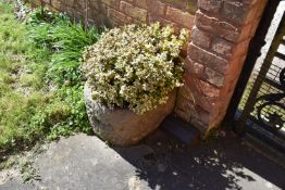 A VINTAGE COMPOSITE TROUGH with one curved end width 40cm depth 57cm height 30cm(probably