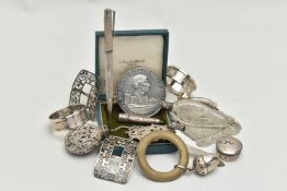 A PARCEL OF SILVER, WHITE METAL AND PLATE, comprising a cased silver medallion commemorating the
