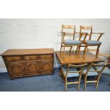 A JAYCEE OAK SIDEBOARD WITH THREE DRAWERS, width 139cm x depth 44cm x height 86cm, a similar draw