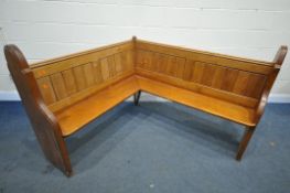 A PITCH PINE CORNER CHURCH PEW 157cm x 139cm x height 107cm (condition:- aged wear and tear)
