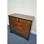 A GEORGIAN OAK AND CROSS BANDED CHEST OF TWO SHORT OVER THREE LONG DRAWERS, with brass swan neck