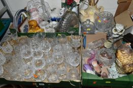 THREE BOXES AND LOOSE CERAMICS AND GLASS WARES, to include cut crystal drinking glasses, vases and