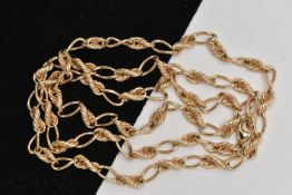 A 9CT GOLD FANCY LINK CHAIN, alternating polished links and rope twist links, fitted with a