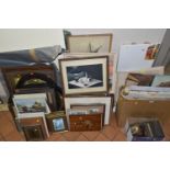 A QUANTITY OF PAINTINGS, PRINTS AND VINTAGE PHOTOGRAPHS ETC, paintings include amateur oils signed