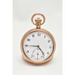 A ROLLED GOLD OPEN FACE POCKET WATCH, manual wind, round white dial, Arabic numerals, subsidiary