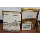 A SMALL QUANTITY OF PAINTINGS AND PRINTS ETC, to include a Derek Firth water landscape '